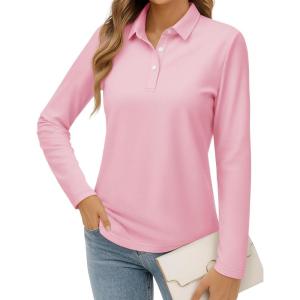 imageMAGCOMSEN Womens Polo Shirts Long Sleeve Cotton Collared T Shirt Golf Shirt Business Casual Tee Uniform Tops 3ButtonLight Pink