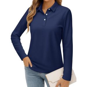 imageMAGCOMSEN Womens Polo Shirts Long Sleeve Cotton Collared T Shirt Golf Shirt Business Casual Tee Uniform Tops 3ButtonNavy Blue