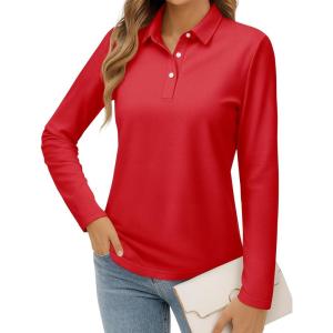 imageMAGCOMSEN Womens Polo Shirts Long Sleeve Cotton Collared T Shirt Golf Shirt Business Casual Tee Uniform Tops 3ButtonTomato Red