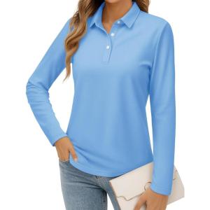 imageMAGCOMSEN Womens Polo Shirts Long Sleeve Cotton Collared T Shirt Golf Shirt Business Casual Tee Uniform Tops 3ButtonWaterfall Blue