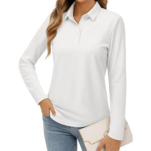 imageMAGCOMSEN Womens Polo Shirts Long Sleeve Cotton Collared T Shirt Golf Shirt Business Casual Tee Uniform Tops 3ButtonWhite