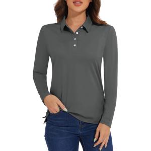 imageMAGCOMSEN Womens Polo Shirts Long Sleeve Golf Shirt Quick Dry UPF 50 Sun Protection Lightweight Tennis ShirtsDark Grey
