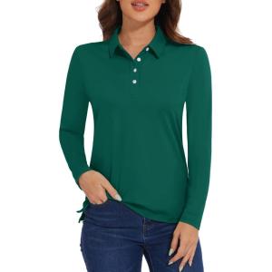 imageMAGCOMSEN Womens Polo Shirts Long Sleeve Golf Shirt Quick Dry UPF 50 Sun Protection Lightweight Tennis ShirtsEmerald Green