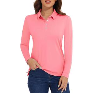 imageMAGCOMSEN Womens Polo Shirts Long Sleeve Golf Shirt Quick Dry UPF 50 Sun Protection Lightweight Tennis ShirtsPink