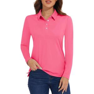 imageMAGCOMSEN Womens Polo Shirts Long Sleeve Golf Shirt Quick Dry UPF 50 Sun Protection Lightweight Tennis ShirtsRose Red