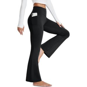 imageMAGCOMSEN Womens Yoga Pants High Waisted Flare Leggings with Pockets Tummy Control Workout Casual Bell Bottom PantsBlack