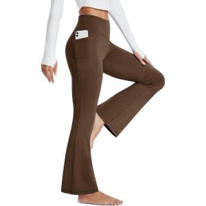 imageMAGCOMSEN Womens Yoga Pants High Waisted Flare Leggings with Pockets Tummy Control Workout Casual Bell Bottom PantsDark Brown