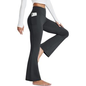 imageMAGCOMSEN Womens Yoga Pants High Waisted Flare Leggings with Pockets Tummy Control Workout Casual Bell Bottom PantsDark Grey