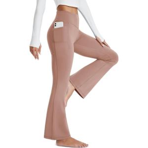 imageMAGCOMSEN Womens Yoga Pants High Waisted Flare Leggings with Pockets Tummy Control Workout Casual Bell Bottom PantsSoy Pink