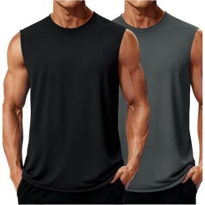 imageMAGCOMSEN 2 Pack Mens UPF 80 Tank Tops Quick Dry Workout Gym Sleeveless Muscle Shirts Cooling Summer Beach Swim ShirtBlackGray