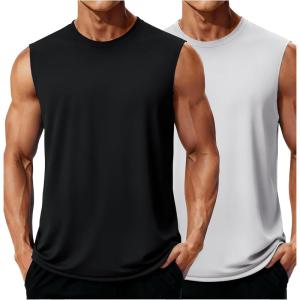 imageMAGCOMSEN 2 Pack Mens UPF 80 Tank Tops Quick Dry Workout Gym Sleeveless Muscle Shirts Cooling Summer Beach Swim ShirtBlackWhite
