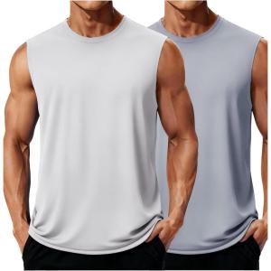 imageMAGCOMSEN 2 Pack Mens UPF 80 Tank Tops Quick Dry Workout Gym Sleeveless Muscle Shirts Cooling Summer Beach Swim ShirtLightgrayWhite