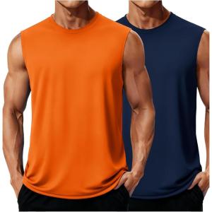 imageMAGCOMSEN 2 Pack Mens UPF 80 Tank Tops Quick Dry Workout Gym Sleeveless Muscle Shirts Cooling Summer Beach Swim ShirtNavyOrange