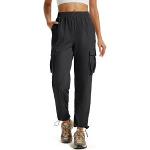 imageMAGCOMSEN Womens Cargo Pants Quick Dry Lightweight Hiking Travel Pants Water Resistant Safari Joggers with PocketsBlack