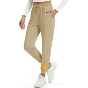 imageMAGCOMSEN Womens Fleece Lined Joggers Waterproof Thermal Winter Sweatpants Insulated Hiking Running Snow Pants PocketsLight Khaki