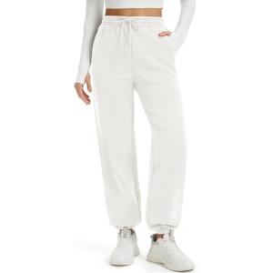 imageMAGCOMSEN Womens Fleece Lined Joggers Winter Baggy Sweatpants with Pockets Thermal High Waisted Casual Athletic PantsWhite