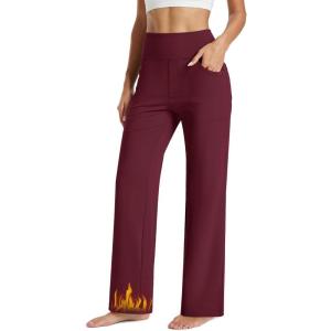 imageMAGCOMSEN Womens Fleece Lined Yoga Pants with Pockets Wide Leg High Waisted Waterproof Winter Thermal Work Casual PantsBurgundy