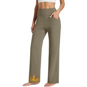 imageMAGCOMSEN Womens Fleece Lined Yoga Pants with Pockets Wide Leg High Waisted Waterproof Winter Thermal Work Casual PantsCoffee Grey