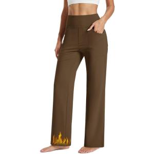 imageMAGCOMSEN Womens Fleece Lined Yoga Pants with Pockets Wide Leg High Waisted Waterproof Winter Thermal Work Casual PantsDark Brown