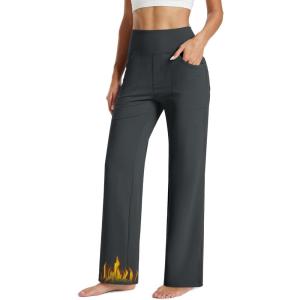 imageMAGCOMSEN Womens Fleece Lined Yoga Pants with Pockets Wide Leg High Waisted Waterproof Winter Thermal Work Casual PantsDark Grey