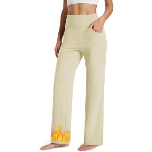 imageMAGCOMSEN Womens Fleece Lined Yoga Pants with Pockets Wide Leg High Waisted Waterproof Winter Thermal Work Casual PantsLight Apricot