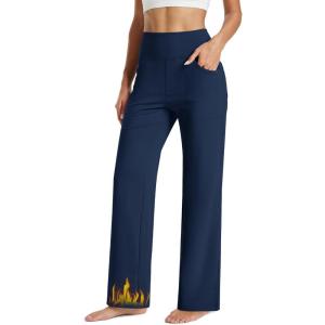 imageMAGCOMSEN Womens Fleece Lined Yoga Pants with Pockets Wide Leg High Waisted Waterproof Winter Thermal Work Casual PantsNavy