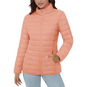 imageMAGCOMSEN Womens Puffer Jacket Lightweight Quilted Padded 4 Pockets Zipup Standcollar Winter Fleece CoatApricot