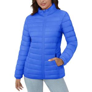 imageMAGCOMSEN Womens Puffer Jacket Lightweight Quilted Padded 4 Pockets Zipup Standcollar Winter Fleece CoatAzure Blue