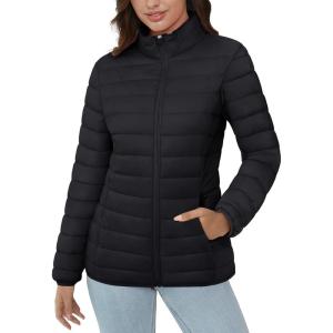 imageMAGCOMSEN Womens Puffer Jacket Lightweight Quilted Padded 4 Pockets Zipup Standcollar Winter Fleece CoatBlack