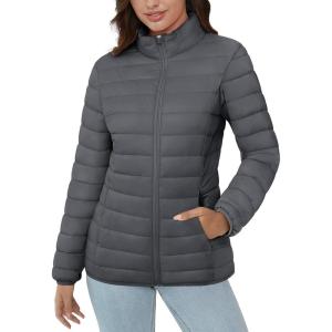imageMAGCOMSEN Womens Puffer Jacket Lightweight Quilted Padded 4 Pockets Zipup Standcollar Winter Fleece CoatDark Grey