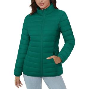 imageMAGCOMSEN Womens Puffer Jacket Lightweight Quilted Padded 4 Pockets Zipup Standcollar Winter Fleece CoatEmerald Green