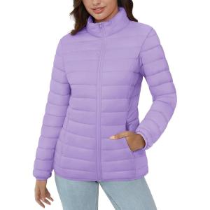 imageMAGCOMSEN Womens Puffer Jacket Lightweight Quilted Padded 4 Pockets Zipup Standcollar Winter Fleece CoatLight Purple