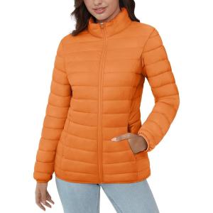 imageMAGCOMSEN Womens Puffer Jacket Lightweight Quilted Padded 4 Pockets Zipup Standcollar Winter Fleece CoatOrange