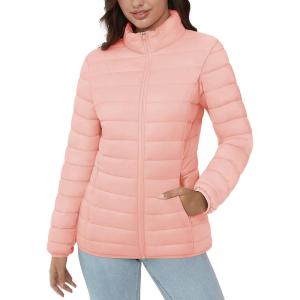 imageMAGCOMSEN Womens Puffer Jacket Lightweight Quilted Padded 4 Pockets Zipup Standcollar Winter Fleece CoatPink