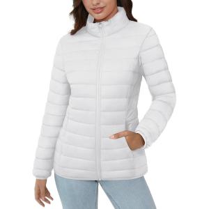 imageMAGCOMSEN Womens Puffer Jacket Lightweight Quilted Padded 4 Pockets Zipup Standcollar Winter Fleece CoatWhite