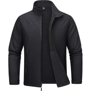 imageMAGCOMSEN Mens Fleece Lined Softshell Jacket Lightweight Waterproof Windbreaker Zip Up Winter Rain Coat Tactical HikingBlack