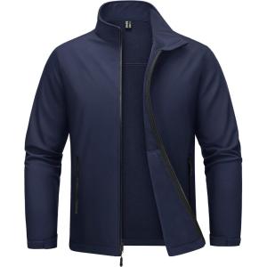 imageMAGCOMSEN Mens Fleece Lined Softshell Jacket Lightweight Waterproof Windbreaker Zip Up Winter Rain Coat Tactical HikingNavy