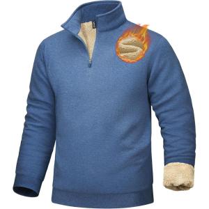 imageMAGCOMSEN Mens Sherpa Lined Quarter Zip Fleece Heavyweight Pullover Winter Warm SweatshirtsGrey Blue