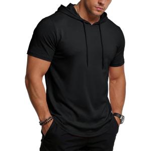 imageMAGCOMSEN Mens Short Sleeve Hoodie UPF80 Workout Lightweight Athletic Gym Hooded T ShirtsBlack