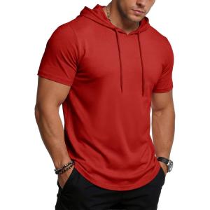 imageMAGCOMSEN Mens Short Sleeve Hoodie UPF80 Workout Lightweight Athletic Gym Hooded T ShirtsRed