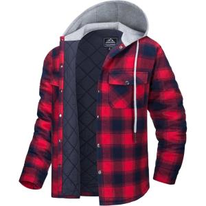 imageMAGCOMSEN Mens Quilted Lined Flannel Hoodie Jacket Cotton Button Down Shirt Jacket Long Sleeve Plaid Shirt ShacketNavy red