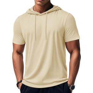 imageMAGCOMSEN Mens Short Sleeve Hoodie Workout Gym Athletic Cotton Lightweight Hooded T Shirts SweatshirtApricot