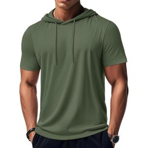 imageMAGCOMSEN Mens Short Sleeve Hoodie Workout Gym Athletic Cotton Lightweight Hooded T Shirts SweatshirtArmy Green