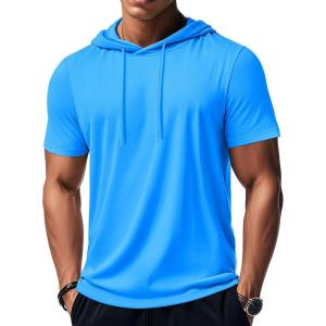 imageMAGCOMSEN Mens Short Sleeve Hoodie Workout Gym Athletic Cotton Lightweight Hooded T Shirts SweatshirtAzure