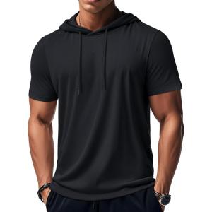 imageMAGCOMSEN Mens Short Sleeve Hoodie Workout Gym Athletic Cotton Lightweight Hooded T Shirts SweatshirtBlack