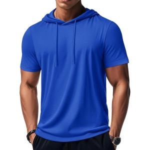 imageMAGCOMSEN Mens Short Sleeve Hoodie Workout Gym Athletic Cotton Lightweight Hooded T Shirts SweatshirtColor Blue