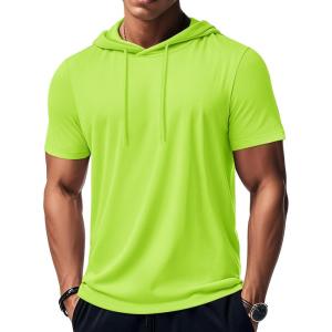 imageMAGCOMSEN Mens Short Sleeve Hoodie Workout Gym Athletic Cotton Lightweight Hooded T Shirts SweatshirtFluorescent Green
