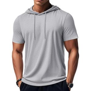 imageMAGCOMSEN Mens Short Sleeve Hoodie Workout Gym Athletic Cotton Lightweight Hooded T Shirts SweatshirtGray