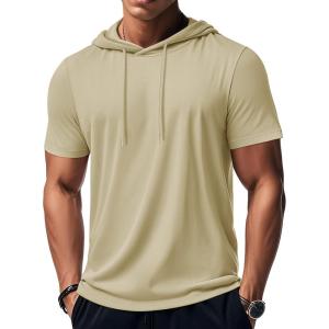 imageMAGCOMSEN Mens Short Sleeve Hoodie Workout Gym Athletic Cotton Lightweight Hooded T Shirts SweatshirtKhaki