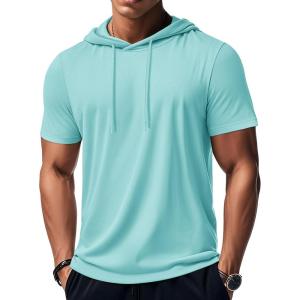 imageMAGCOMSEN Mens Short Sleeve Hoodie Workout Gym Athletic Cotton Lightweight Hooded T Shirts SweatshirtLight Blue